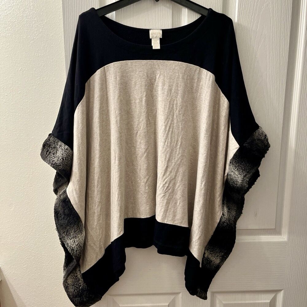 Chicos Jasper‎ Color Block Faux Fur Trimmed Poncho OS (One Size)